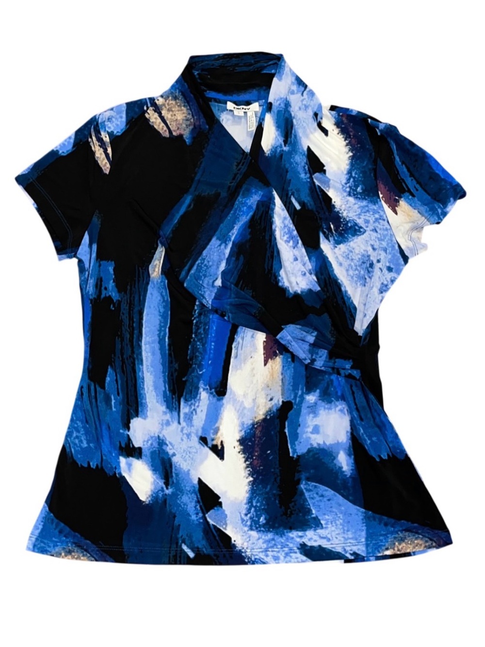 DKNY Blue Black Abstract Wrap Dressy Blouse NWT Ladies Large Short Sleeve